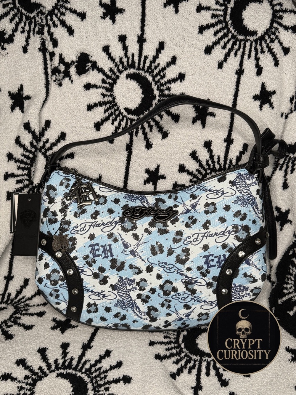 NWT Ed Hardy Blue Leopard Print Tiger & Sparrow Shoulder Bag with Charms